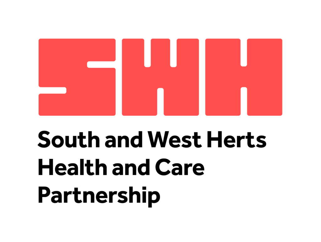 Logo for South and West Herts Health and Care Partnership. SWH is written large and bold in coral. Beneath this in black it says South and West Herts Health and Care Partnership.