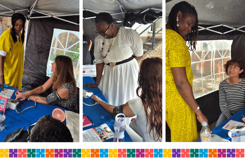 Three images grouped together each showing a person being trained in how to take a blood pressure reading