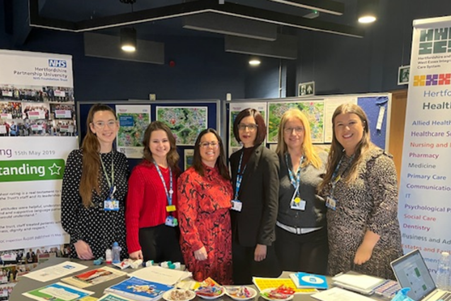 Left to right: Chloe Chapman, Pharmacy Technician Specialist for Education and Training; Emily Frost; Jodie White, HWE Lead Care Home Pharmacy Technician and Pharmacy Technician Facilitator NHS East of England; Shikha Tatla, the ICB’s Pharmaceutical Advisor; Victoria McCarthy, HPFT, Lead Pharmacy Technician for Education and Training; and Emily Clifford, East and North Herts Trust’s Senior Pharmacist Education and Training and Patient Services.